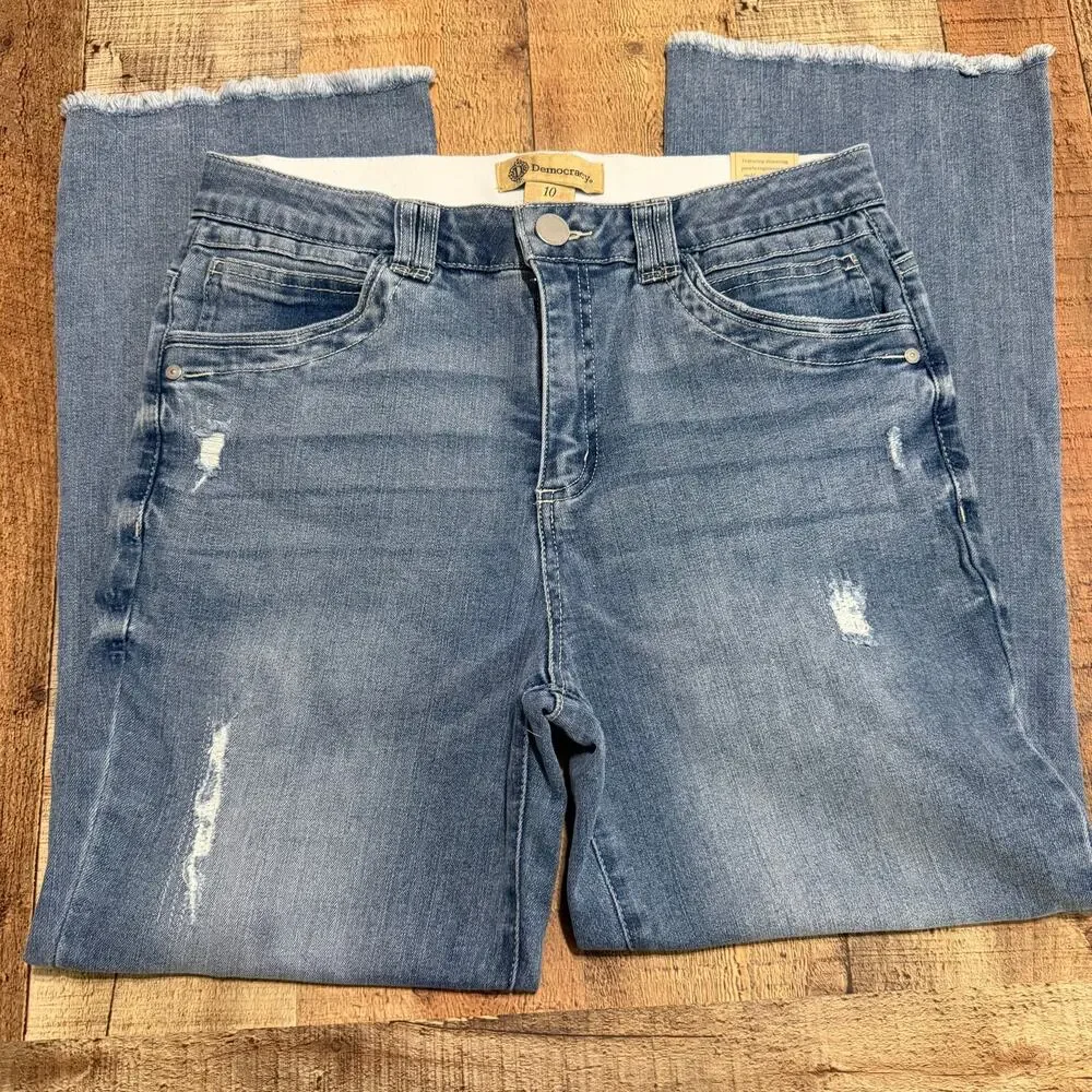 Democracy NEW Med Wash Denim Raw Hem Cropped Jeans Sz 10 Ab Technology Stretch - Picture 2 of 5